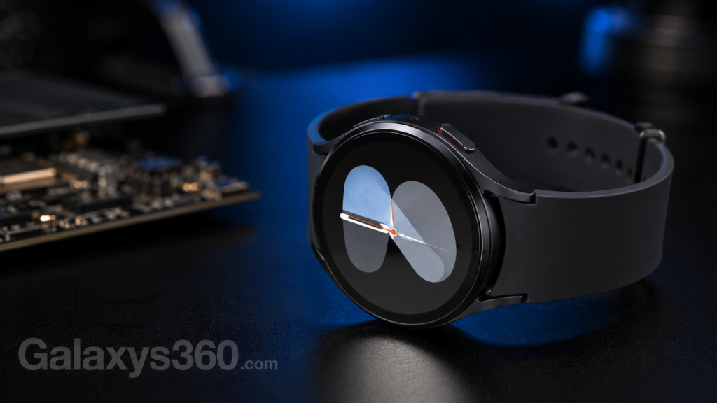 Unbranded circular smartwatch on a dark background illustrating Galaxy Watch 9 Snapdragon chipset leak reports